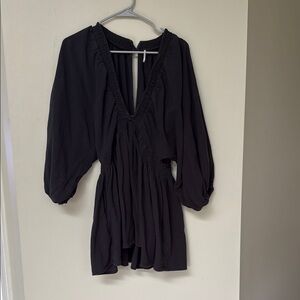 Free People Black Plunge Bishop Sleeve Mini Dress